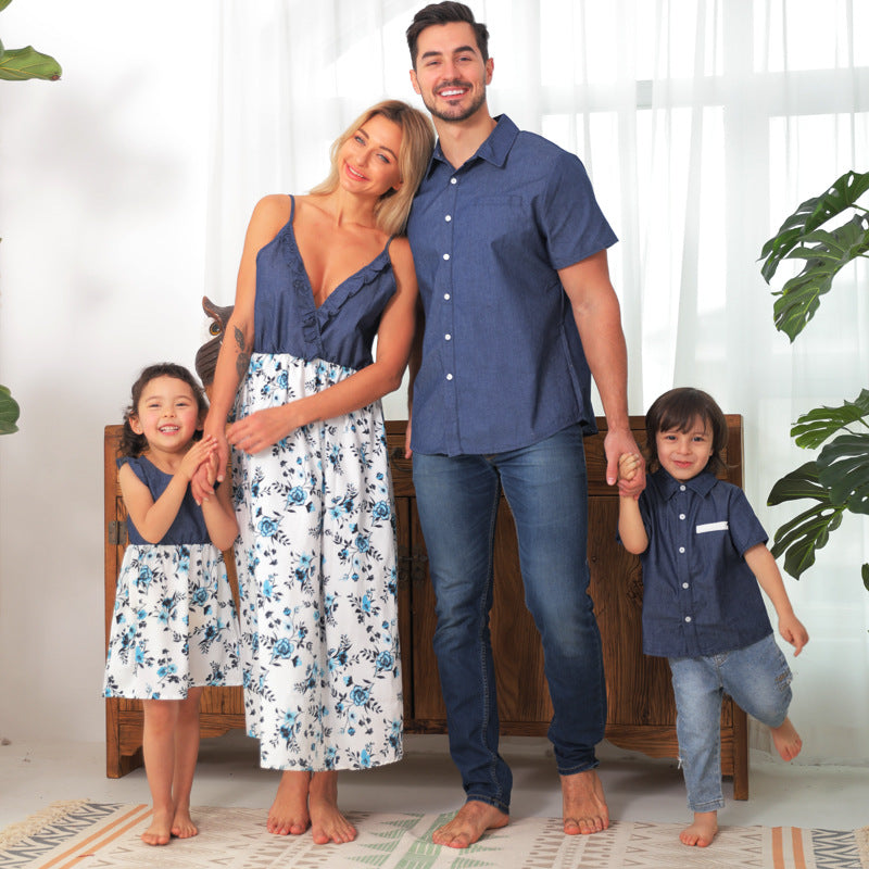 Family Matching Famille Denim Sling Jupe bébé fille maman papa garçon garçon chemise parent-enfant