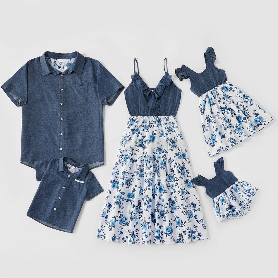 Family Matching Famille Denim Sling Jupe bébé fille maman papa garçon garçon chemise parent-enfant