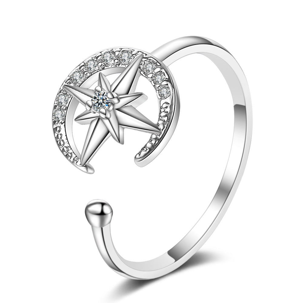 Stile Giapponese Di Donna Semplice Diamante In Linea Stella Luna Aperto Anello Di Moda Sin