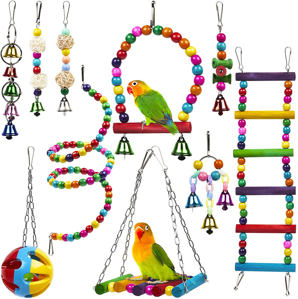 Jouet combiné de perroquet Ensemble de 10 pieces Perles en bois Échelle rotative Échelle Stand en bois Échelle