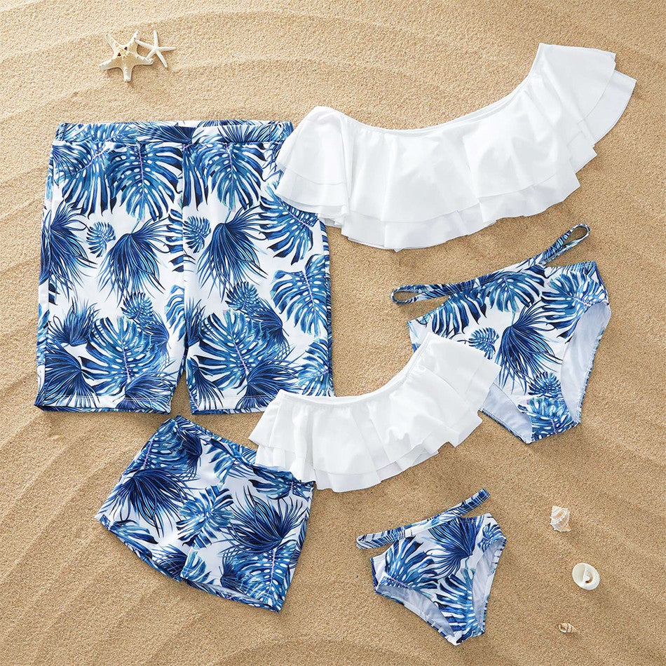Maillot de bain mère-enfant maillot de bain à l'étranger bikini familial blanc lotus feuille