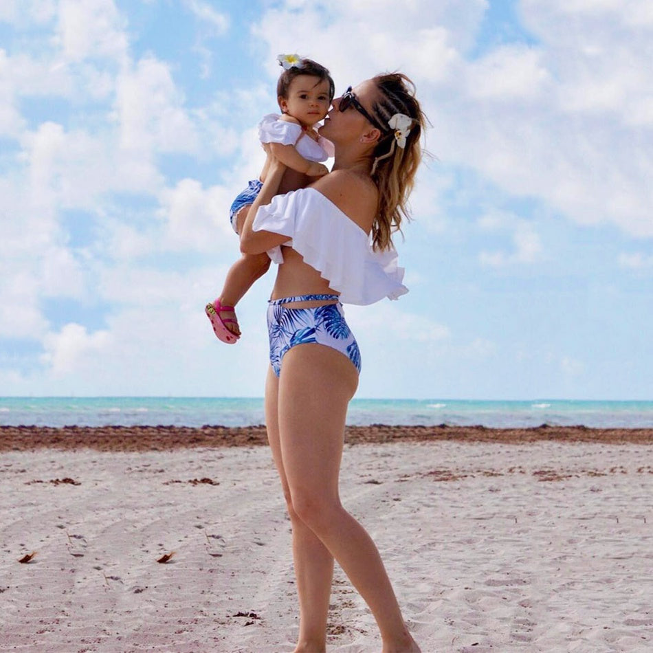 Maillot de bain mère-enfant maillot de bain à l'étranger bikini familial blanc lotus feuille