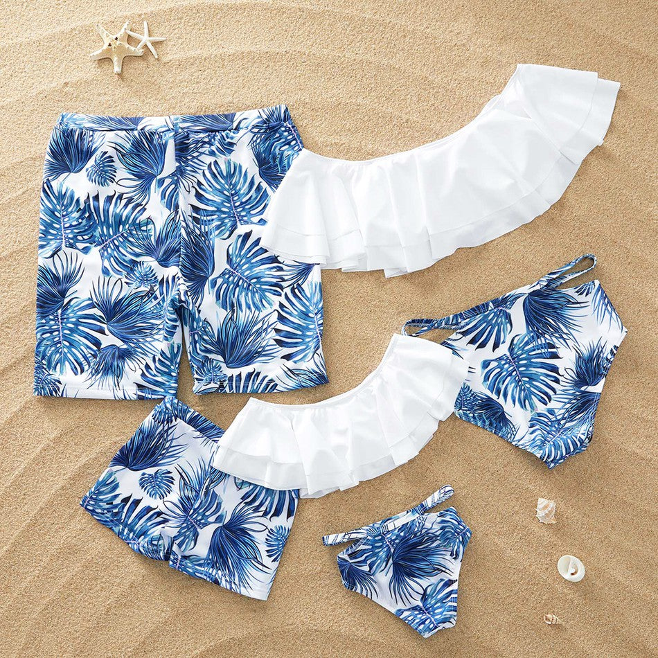Maillot de bain mère-enfant maillot de bain à l'étranger bikini familial blanc lotus feuille