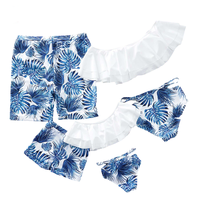 Maillot de bain mère-enfant maillot de bain à l'étranger bikini familial blanc lotus feuille