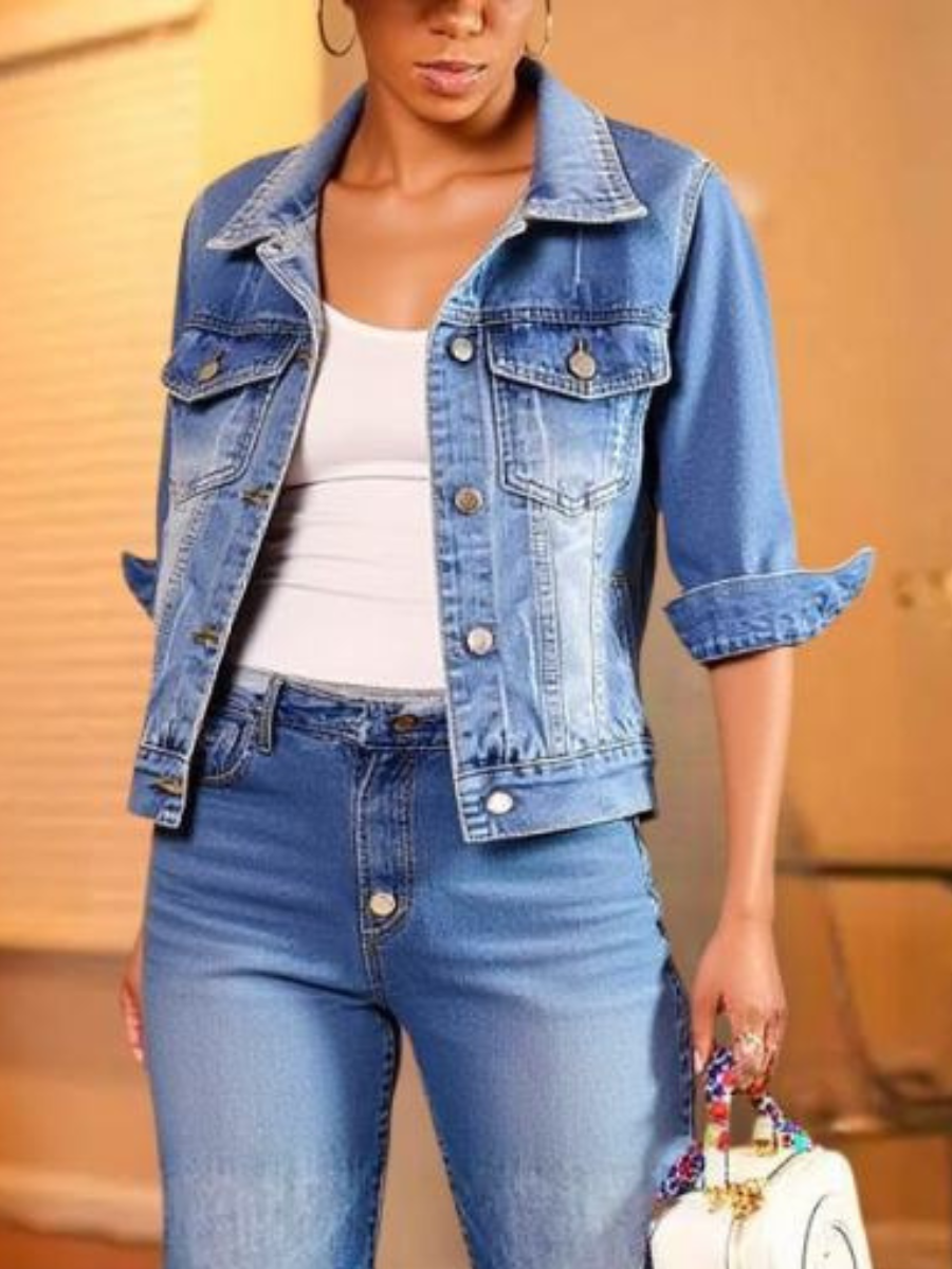 Veste Denim Bleu Femme Classique Lavé Jean Veste Casual Bouton Up Trucker Oute