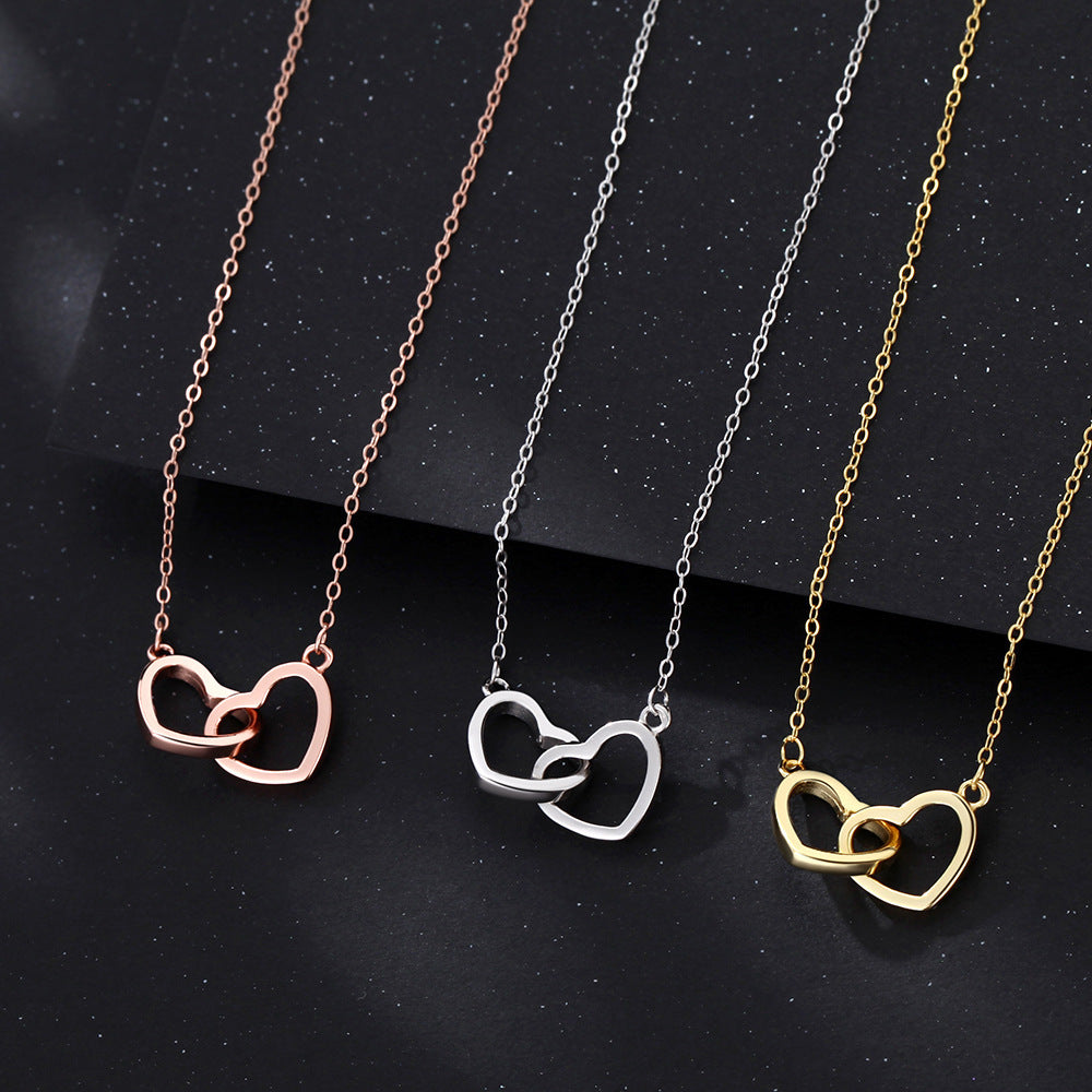 S925 Collier argenté en forme de coeur avec pendentif double coeur gravé
