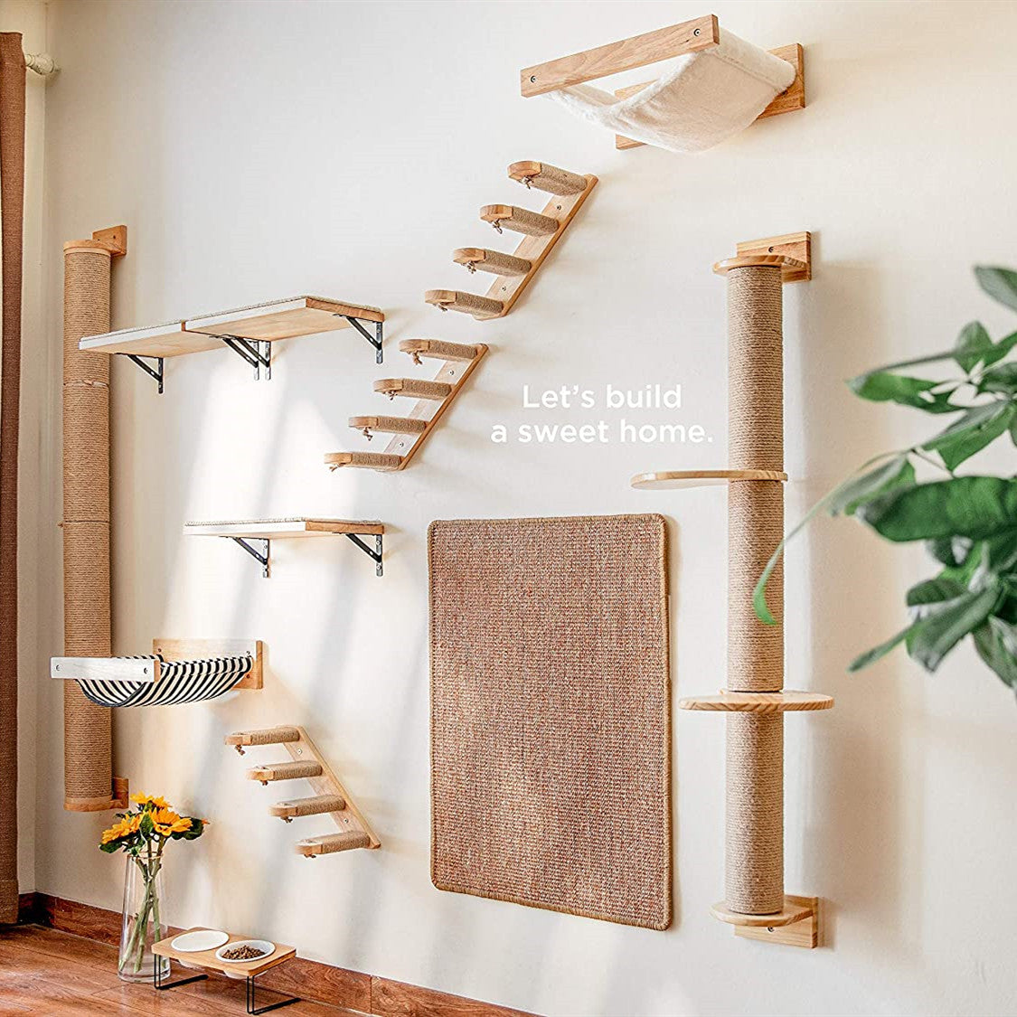 Chat mur suspendu en bois d'échelle Pine Springboard Stairs Cat Toy Multi-couche