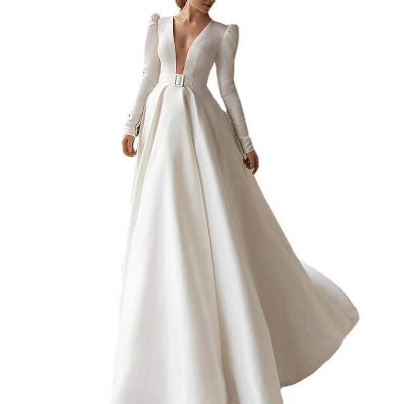 Robe blanche pour dames Satiné Surface était mince et haute française Tempérament Robe Long Ski