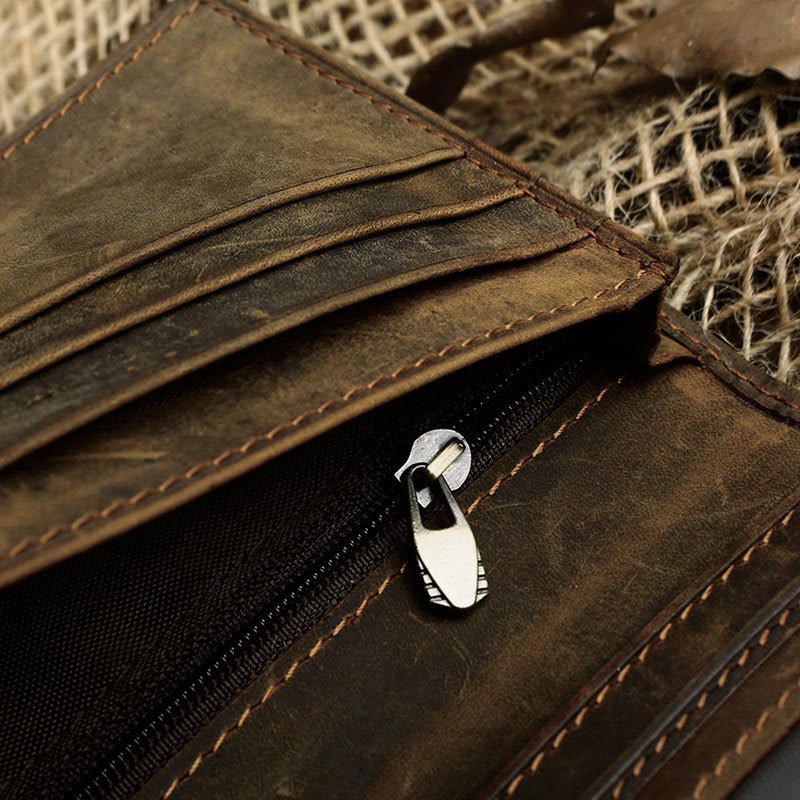 Portefeuille Homme Retro Crazy Horse Leather Long Vertical Wallet