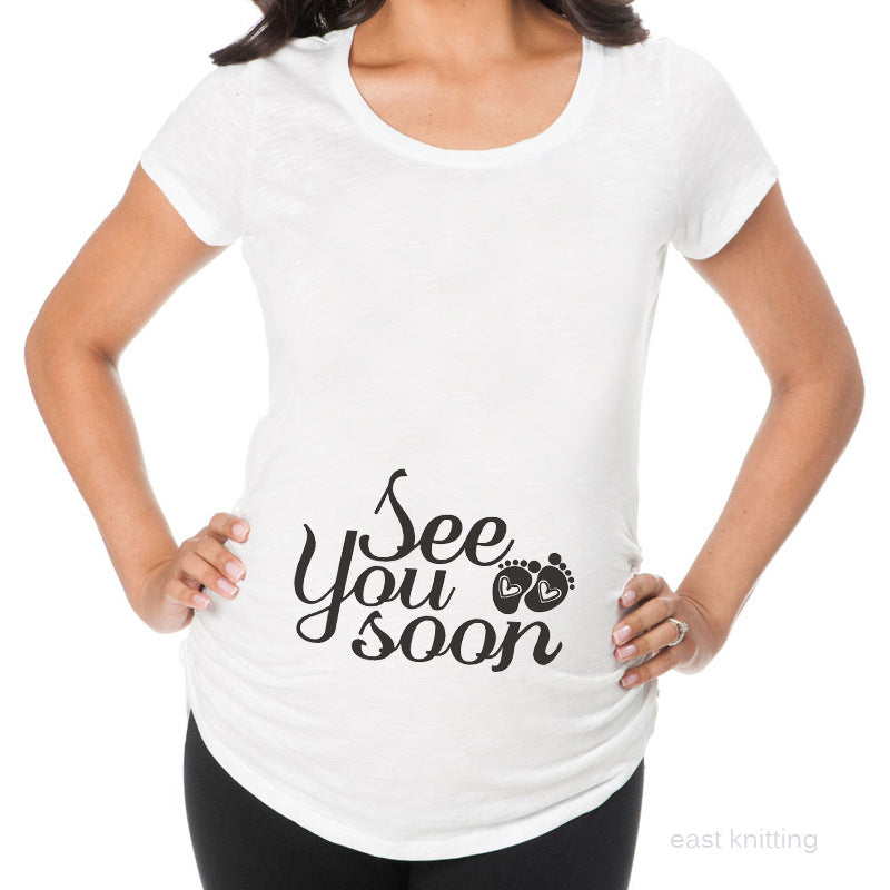 Femmes T-shirts mince maternité Lettre drôle Tops O-Neck Grossesse Femmes