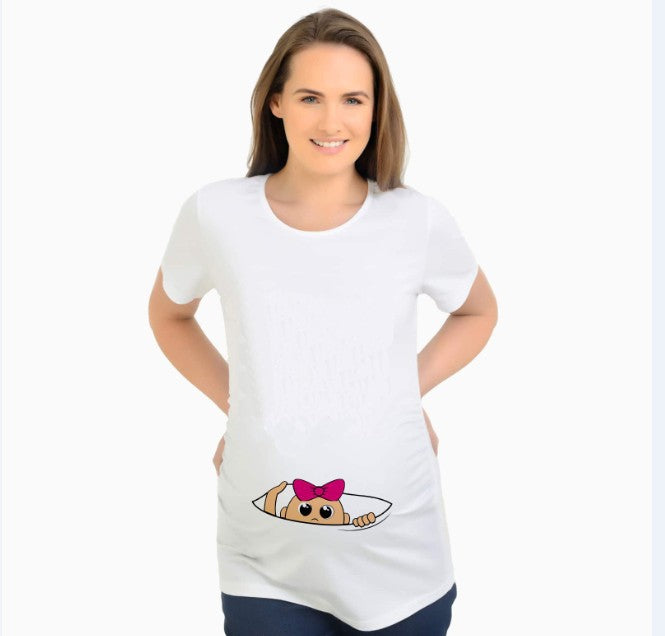 Femmes T-shirts mince maternité Lettre drôle Tops O-Neck Grossesse Femmes