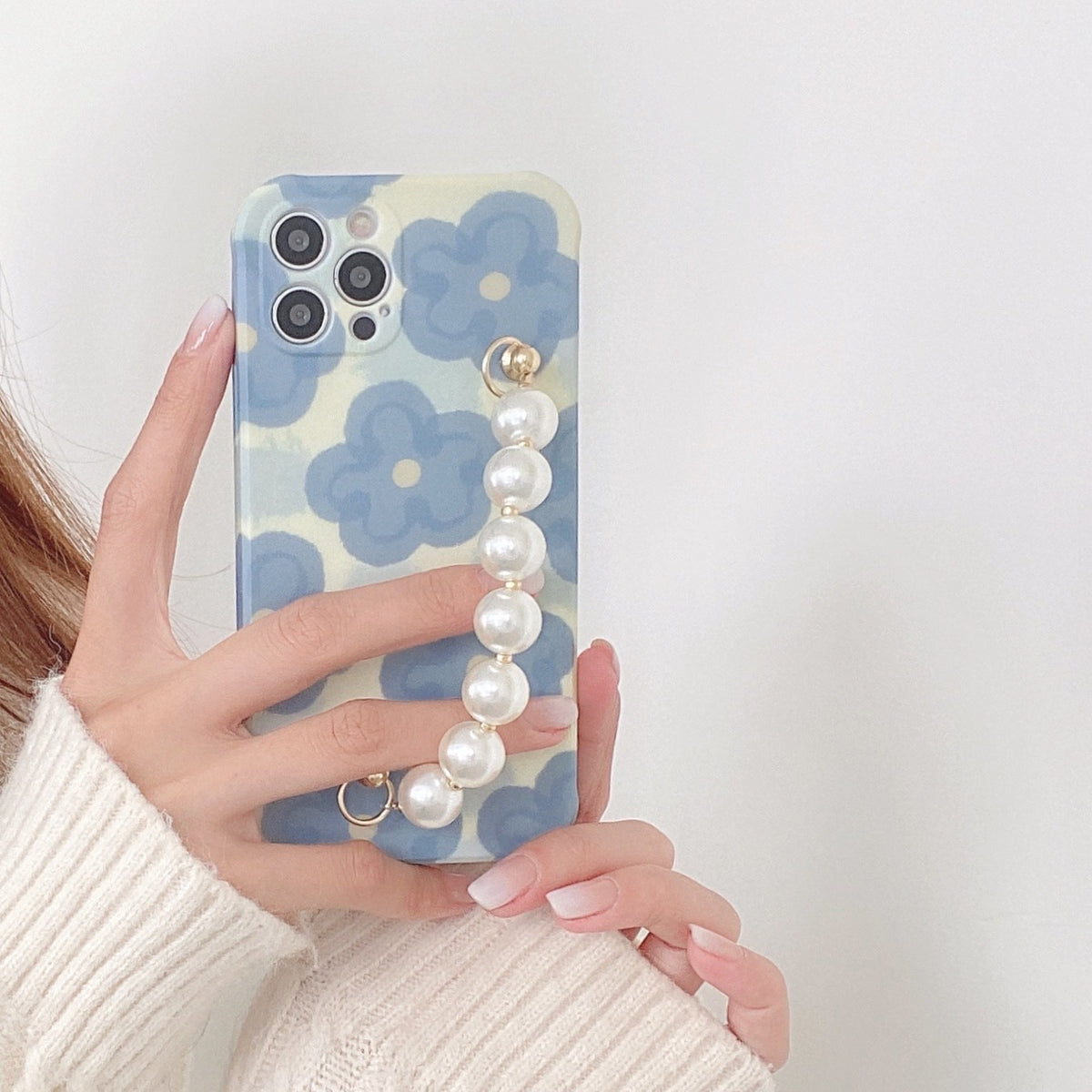 Bracelet Bleu Flower Pearl pour téléphone portable