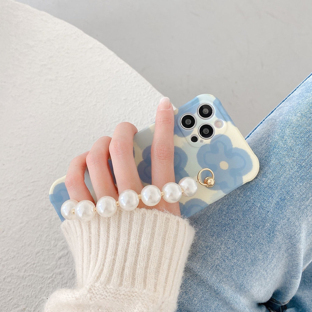 Bracelet Bleu Flower Pearl pour téléphone portable
