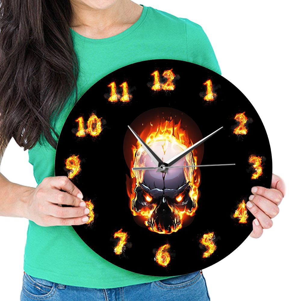 Crâne Brûlant Horloge Murale Démon Enfer Horloge Mort Crâne