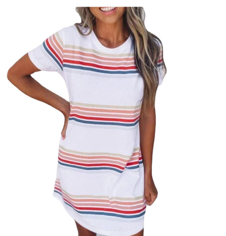 Femme européenne et américaine couleur d'été rayée ronde col robe Aliexpress Amazon Tt00