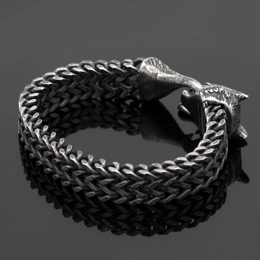 Bracelet Homme Acier inoxydable Vintage Noir Wolf Tête Cuban Chaîne Bracelet à la main Homme Fashi