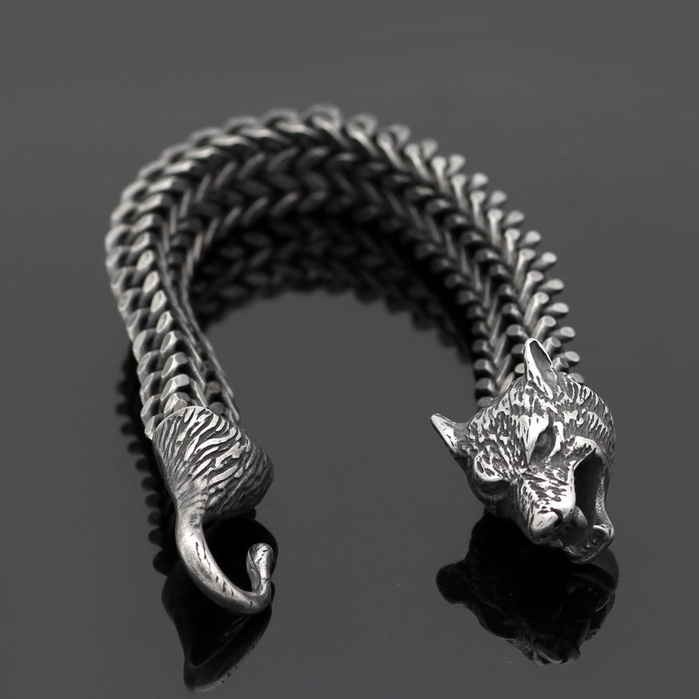 Bracelet Homme Acier inoxydable Vintage Noir Wolf Tête Cuban Chaîne Bracelet à la main Homme Fashi