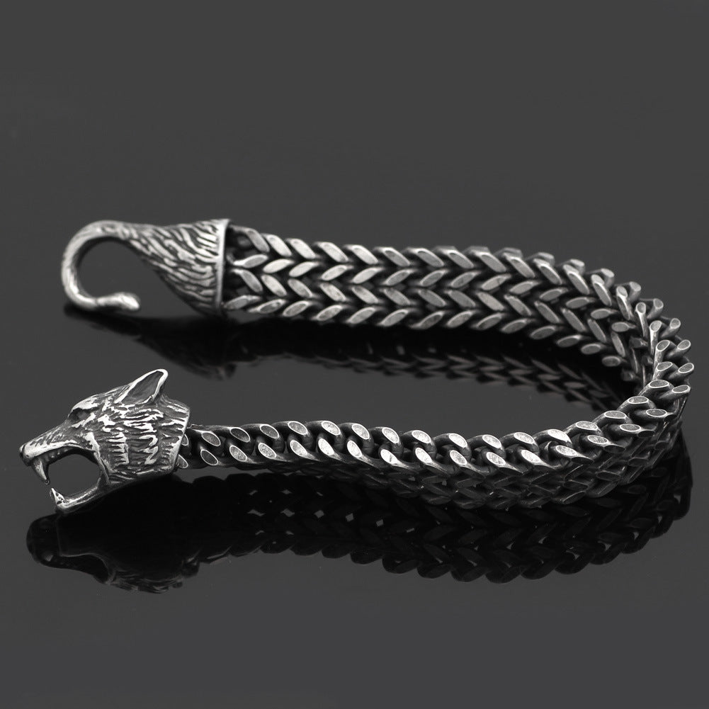 Bracelet Homme Acier inoxydable Vintage Noir Wolf Tête Cuban Chaîne Bracelet à la main Homme Fashi
