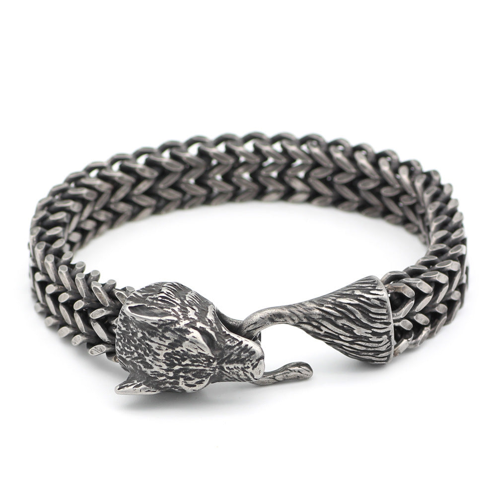 Bracelet Homme Acier inoxydable Vintage Noir Wolf Tête Cuban Chaîne Bracelet à la main Homme Fashi