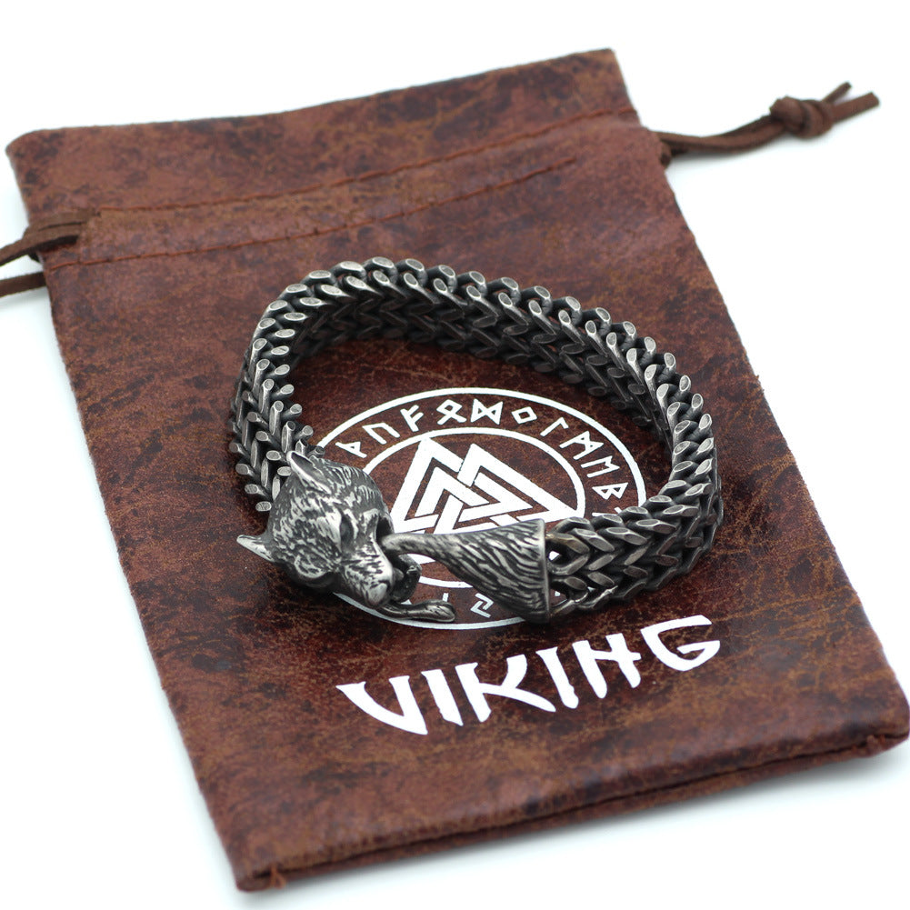 Bracelet Homme Acier inoxydable Vintage Noir Wolf Tête Cuban Chaîne Bracelet à la main Homme Fashi