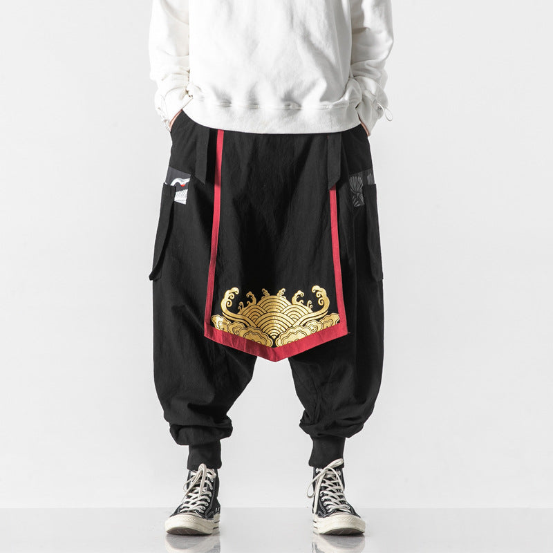 Personnalité de coton et de lin pour hommes imprimé Pantalon large-jambe avec grand crotch