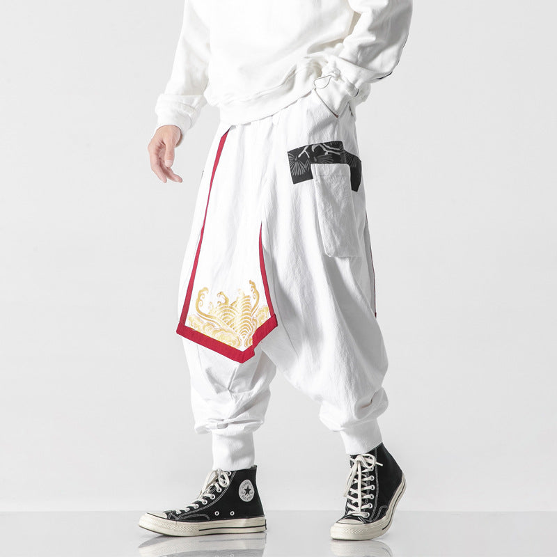 Personnalité de coton et de lin pour hommes imprimé Pantalon large-jambe avec grand crotch