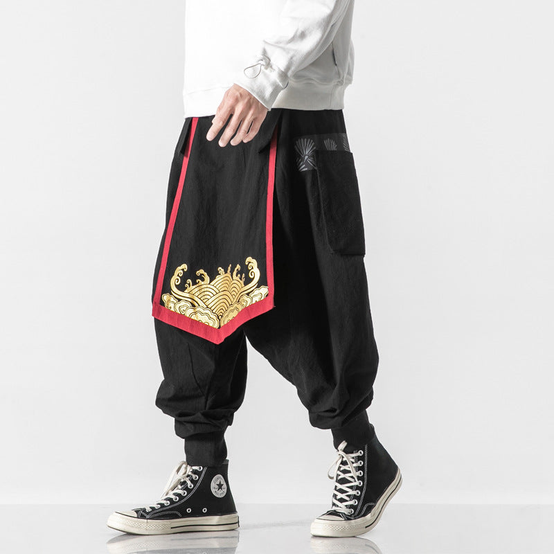 Personnalité de coton et de lin pour hommes imprimé Pantalon large-jambe avec grand crotch