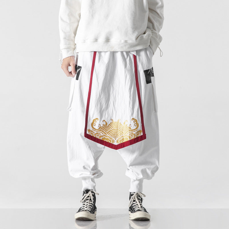 Personnalité de coton et de lin pour hommes imprimé Pantalon large-jambe avec grand crotch