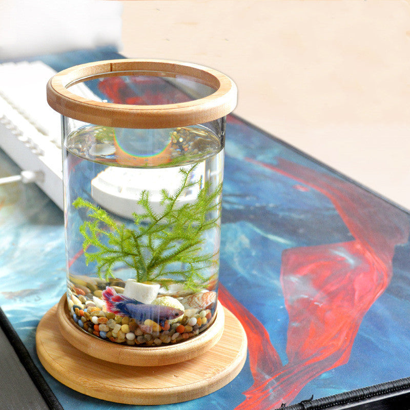 Petit verre de bureau Aquarium Bamboo Base Mini Fish Tank Décoration Fish Bowl