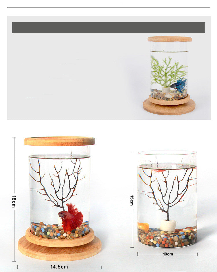 Petit verre de bureau Aquarium Bamboo Base Mini Fish Tank Décoration Fish Bowl
