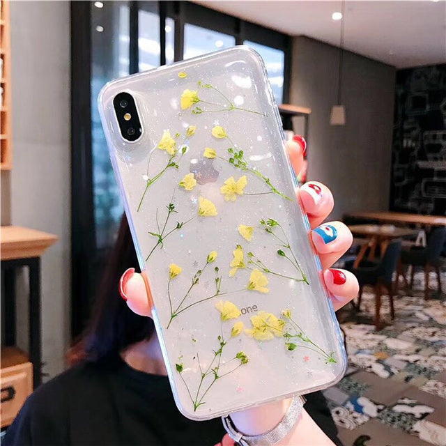 Téléphone portable Shell Epoxy Real Flower Anti-drop transparent housse de protection douce
