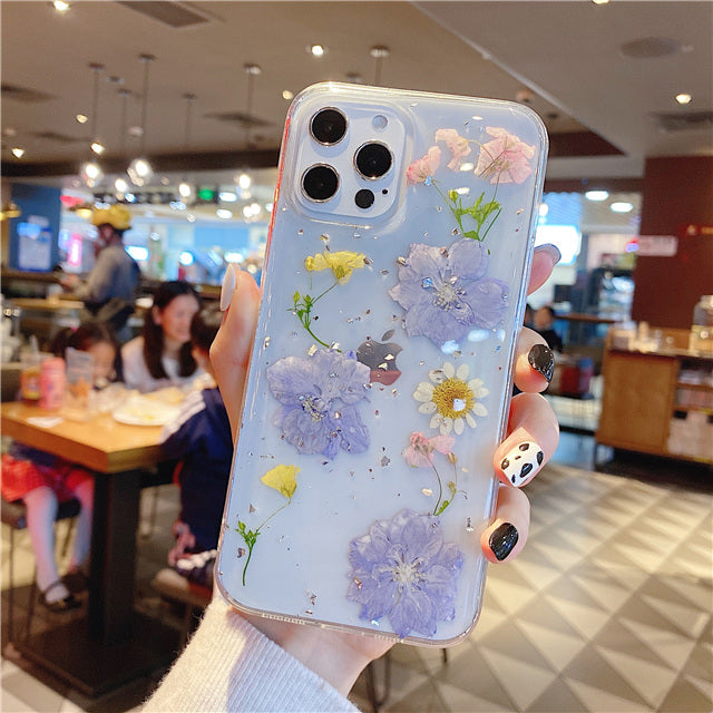 Téléphone portable Shell Epoxy Real Flower Anti-drop transparent housse de protection douce