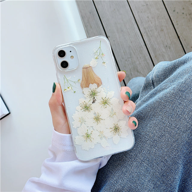 Téléphone portable Shell Epoxy Real Flower Anti-drop transparent housse de protection douce