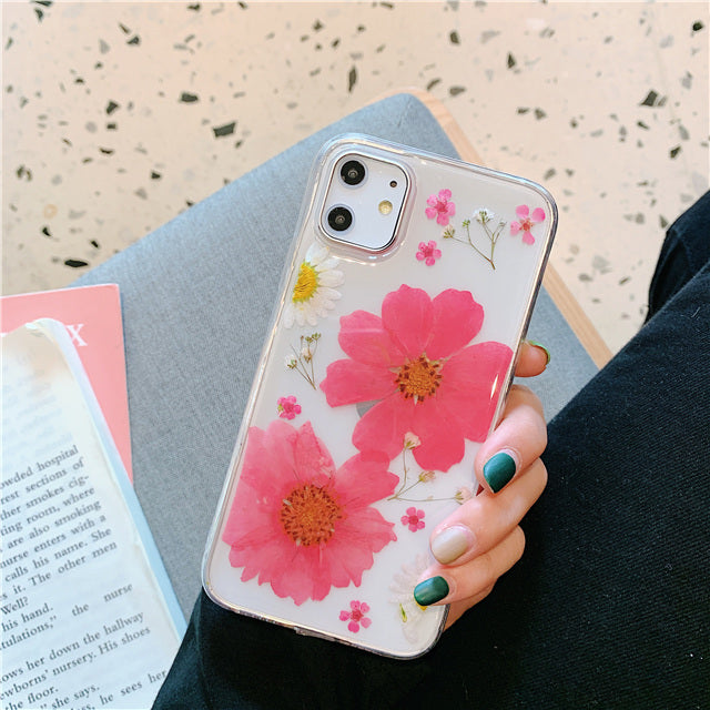 Téléphone portable Shell Epoxy Real Flower Anti-drop transparent housse de protection douce
