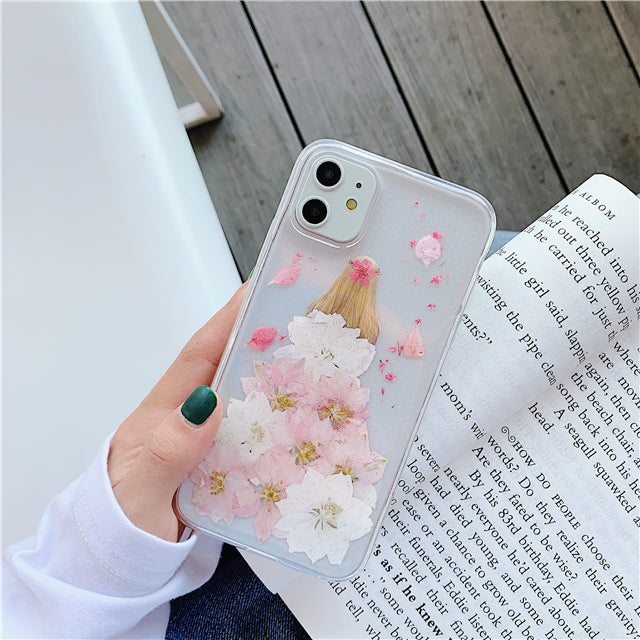 Téléphone portable Shell Epoxy Real Flower Anti-drop transparent housse de protection douce