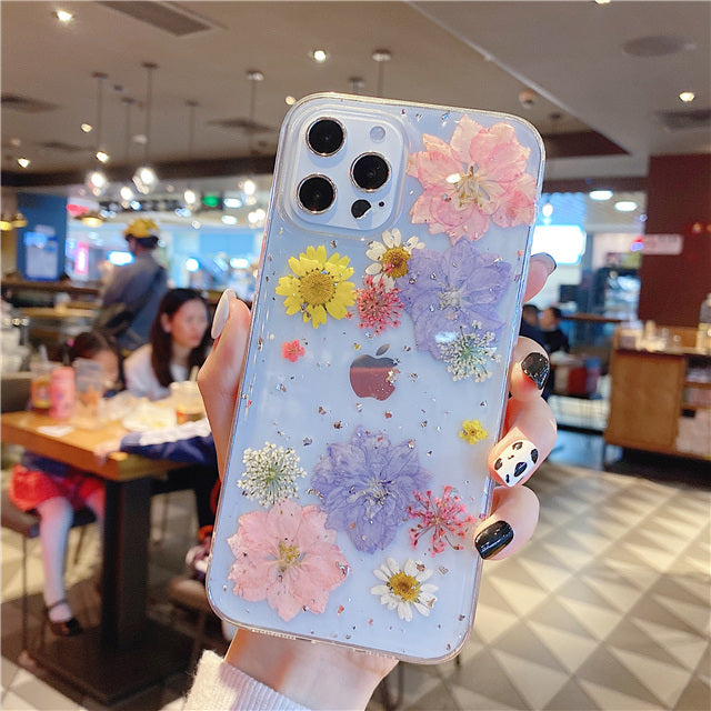 Téléphone portable Shell Epoxy Real Flower Anti-drop transparent housse de protection douce