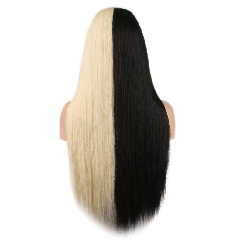 Perruque noire et blanche bicolore longue droite cheveux haute température machine en soie
