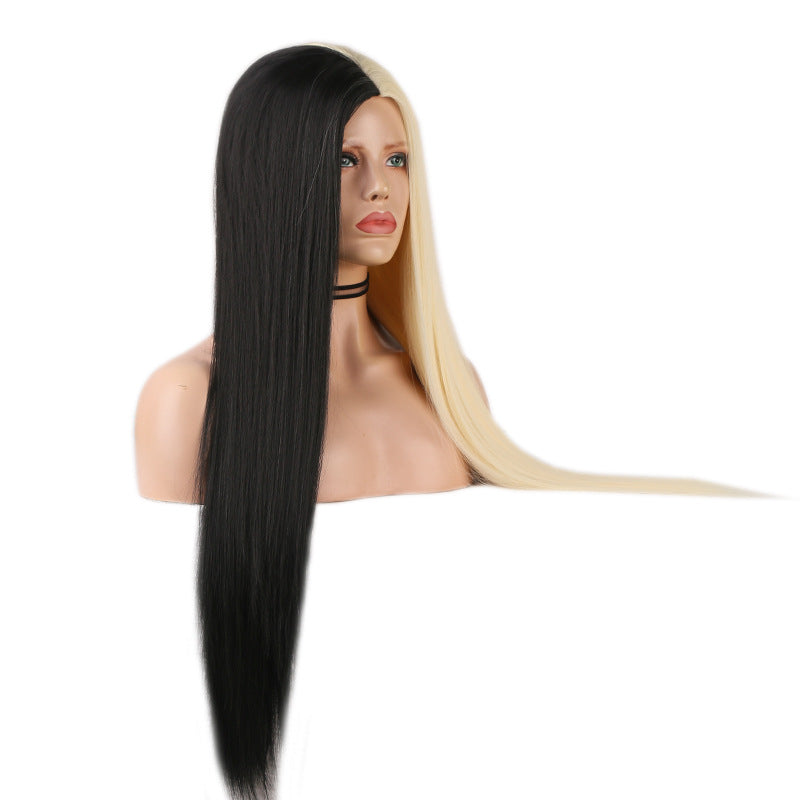 Perruque noire et blanche bicolore longue droite cheveux haute température machine en soie