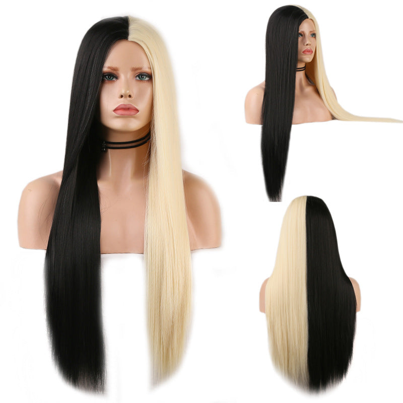 Perruque noire et blanche bicolore longue droite cheveux haute température machine en soie