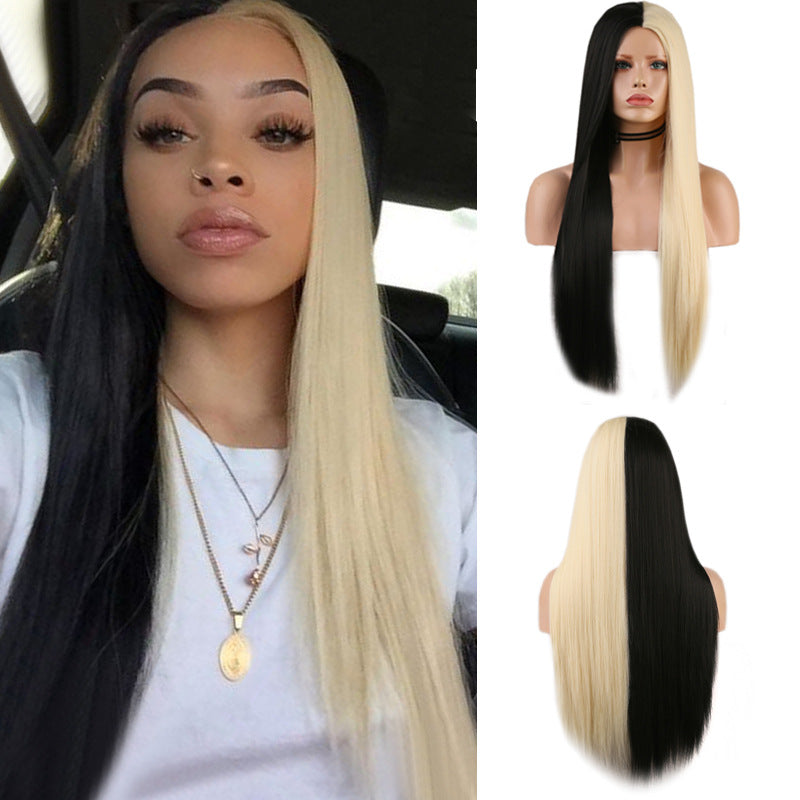 Perruque noire et blanche bicolore longue droite cheveux haute température machine en soie