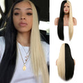 Perruque noire et blanche bicolore longue droite cheveux haute température machine en soie