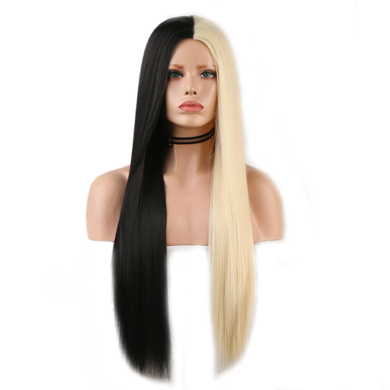 Perruque noire et blanche bicolore longue droite cheveux haute température machine en soie