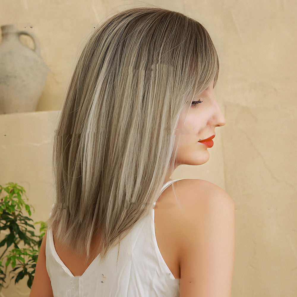 Perruque, Bangs à huit caractères, Gradient Golden Gris moyen cheveux droits