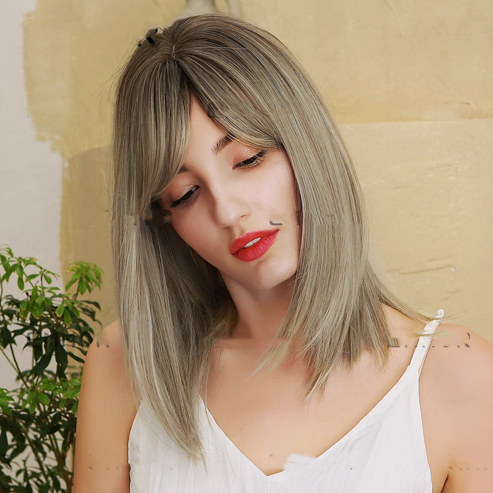 Perruque, Bangs à huit caractères, Gradient Golden Gris moyen cheveux droits