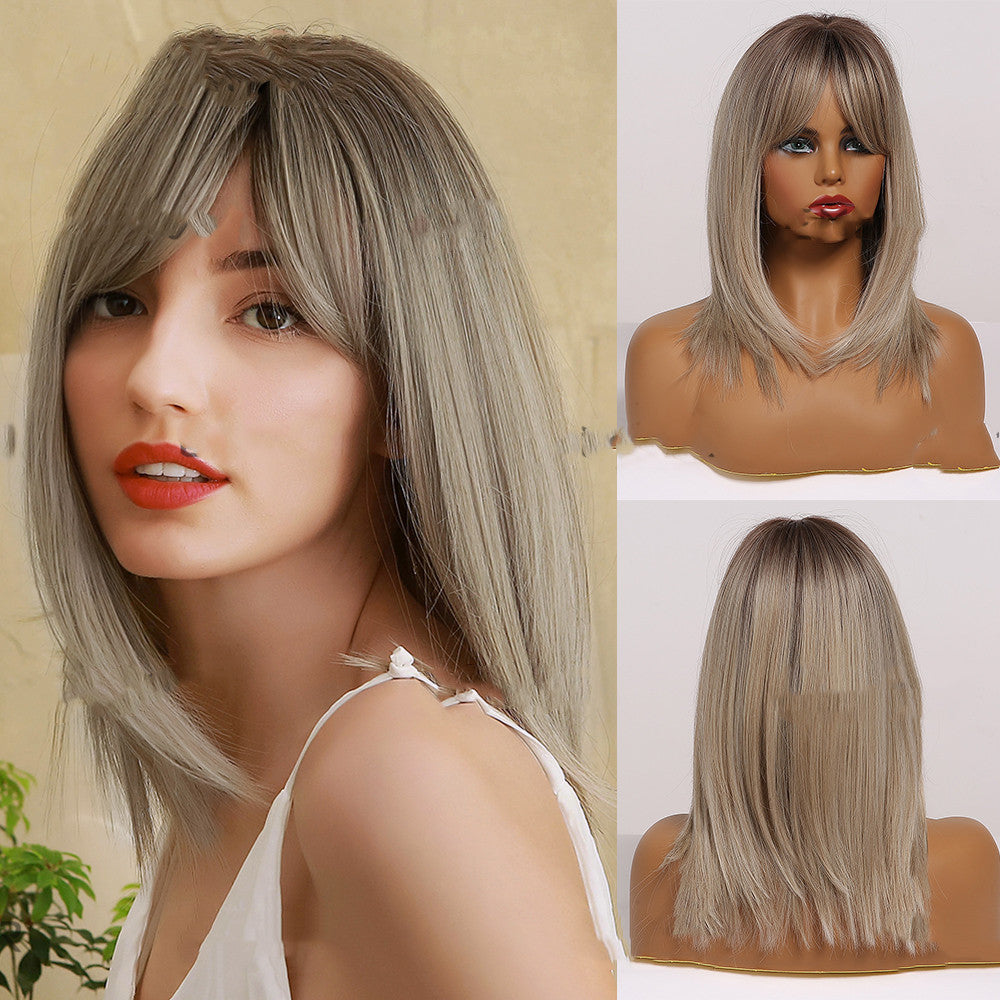 Perruque, Bangs à huit caractères, Gradient Golden Gris moyen cheveux droits