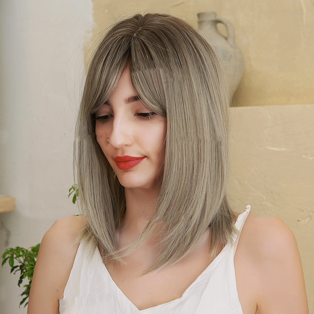 Perruque, Bangs à huit caractères, Gradient Golden Gris moyen cheveux droits