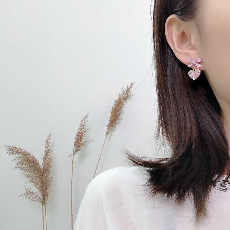 Style coréen Violet Bow sequin amour coeur clip sur les boucles d'oreilles doux