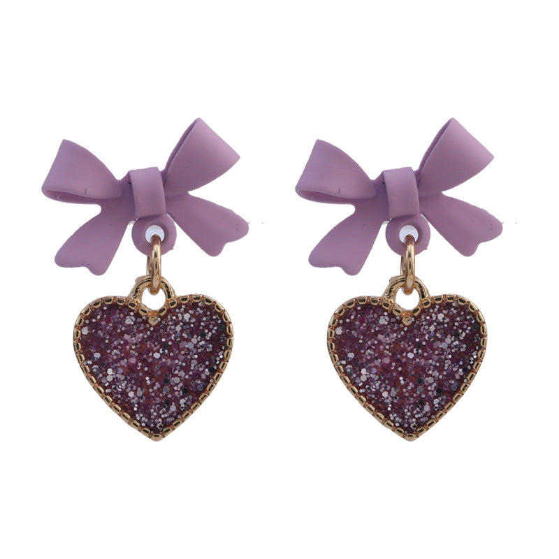 Style coréen Violet Bow sequin amour coeur clip sur les boucles d'oreilles doux
