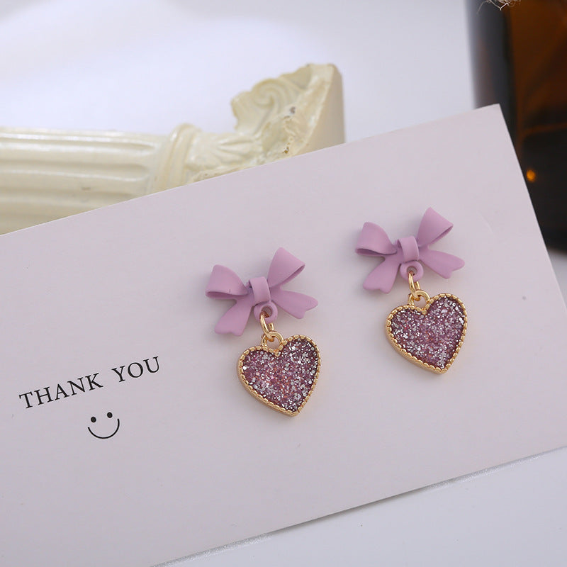 Style coréen Violet Bow sequin amour coeur clip sur les boucles d'oreilles doux