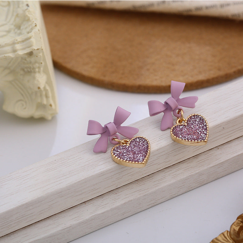 Style coréen Violet Bow sequin amour coeur clip sur les boucles d'oreilles doux